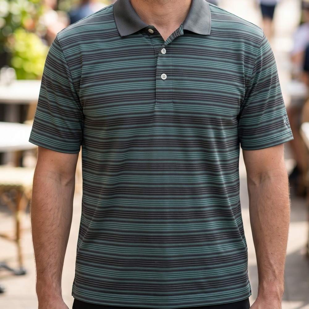 PGA Tour Mens Green Striped Short Sleeve Performance Golf Polo Shirt‎ M